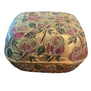 Vintage Cloisonné Enameled Trinket Square Floral Chinese Jewlery Box